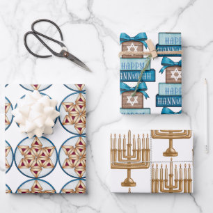 Blauer Davidstern und goldener Menorah Festlich Geschenkpapier Set