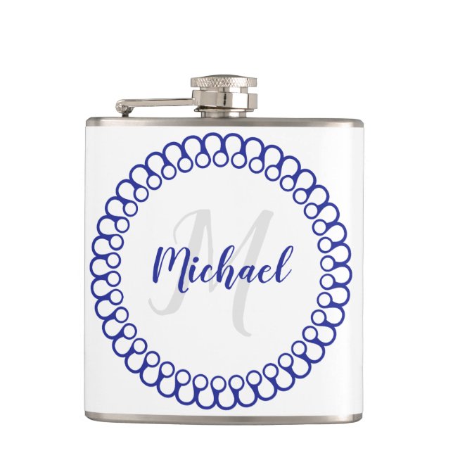 Blauer dekorativer Circle Monogram Flask Flachmann (Vorderseite)