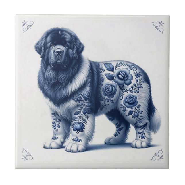 Blauer Delft Landseer Newfoundländer Fliese (Vorderseite)