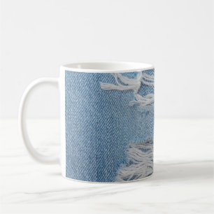 Blauer denim Jeans Textur Hintergrund. Stilvoll, Kaffeetasse