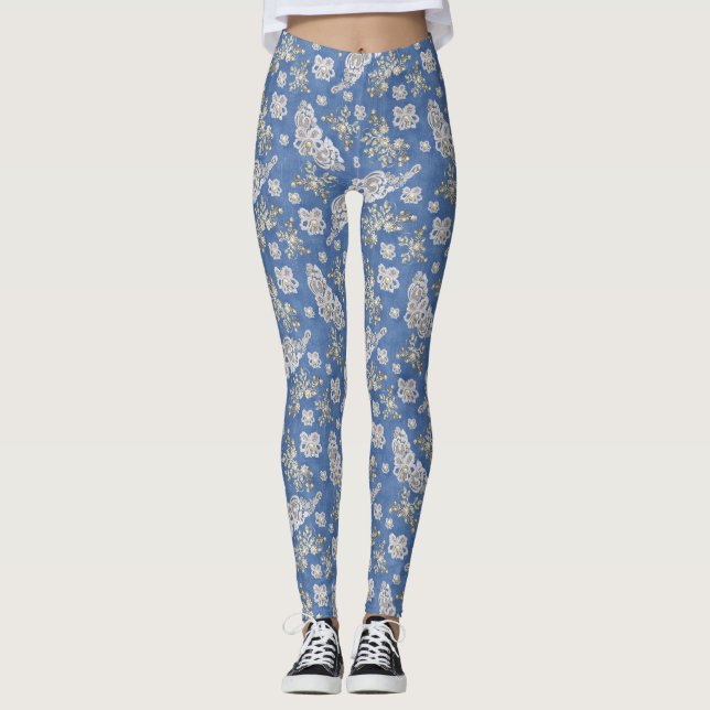 Blauer Denim, Spitze - Elfenbeinperlen Leggings (Vorderseite)