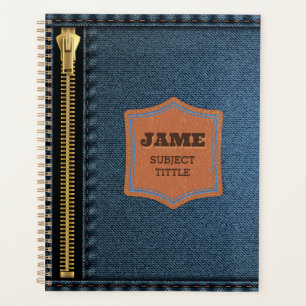 Blauer Denim Stoff mit Zip und Label Jean Stoff Planer