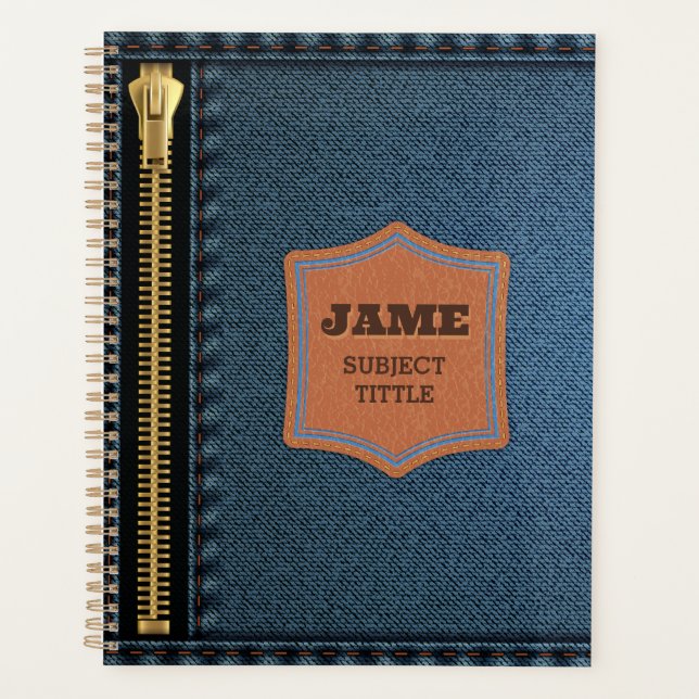 Blauer Denim Stoff mit Zip und Label Jean Stoff Planer (Vorderseite)