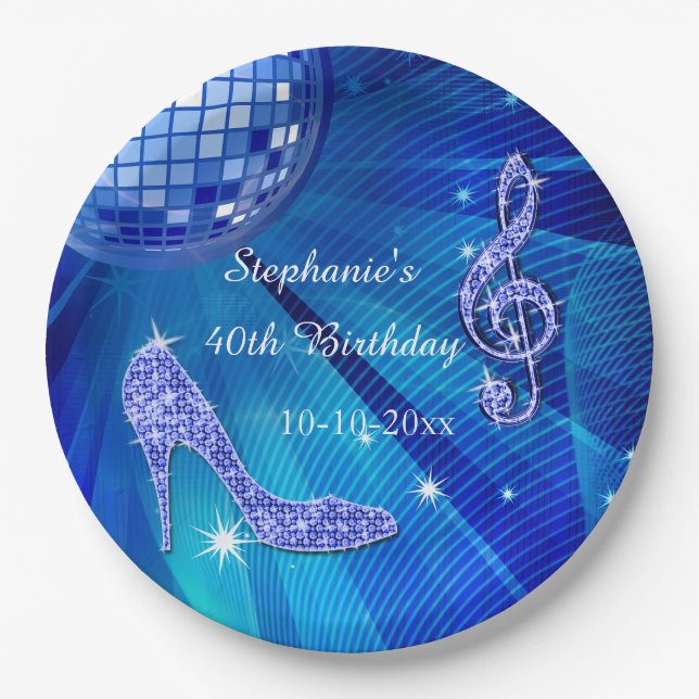 Blauer Disco-Ball und Heels-40. Geburtstag Pappteller (Vorderseite)