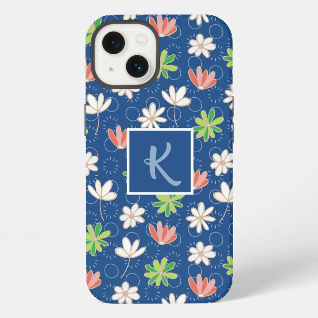 Blauer Ditsy Floral Monogram iPhone Hülle (Rückseite)
