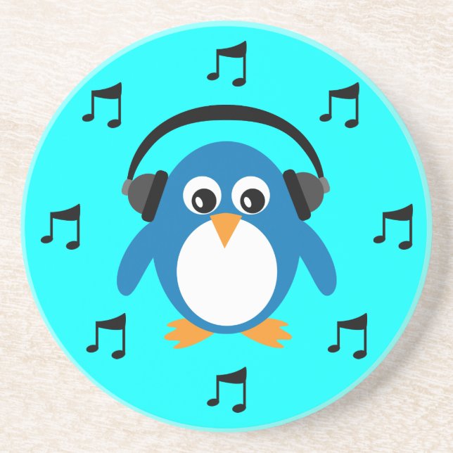 Blauer DJ-Pinguin, Kopfhörer u. musikalische Getränkeuntersetzer (Vorne)