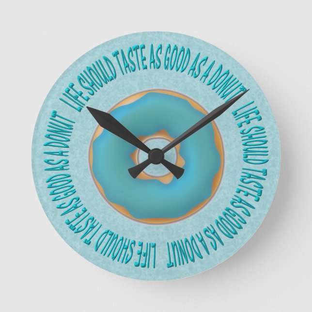 Blauer Donut und Text Runde Wanduhr (Vorderseite)