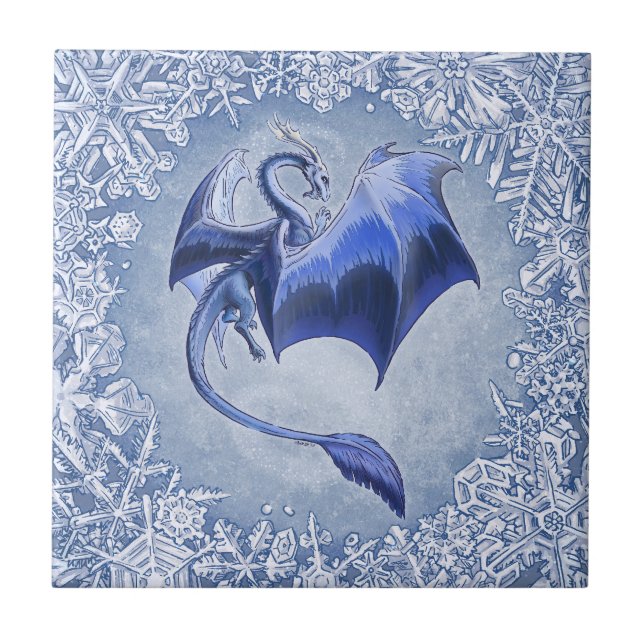Blauer Drache der Winterfantasy Naturkunst Fliese (Vorderseite)