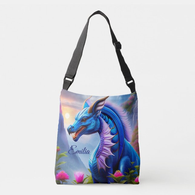 Blauer Drache, fantasievolle Digital Art Tragetaschen Mit Langen Trägern (Vorderseite)