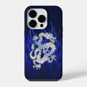 Blauer Drache in Chrom-Kohlenstofffaser-Optik iPhone 14 Pro Hülle