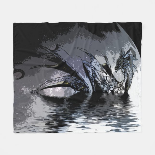 Blauer Drache und MondIllustration Fleece Blanket (Vorderseite (Horizontal))