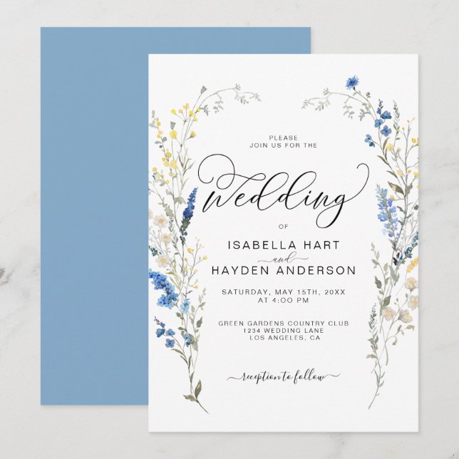 Blauer Dusty Yellow Dainty Floral Botanical Weddin Einladung (Vorne/Hinten)