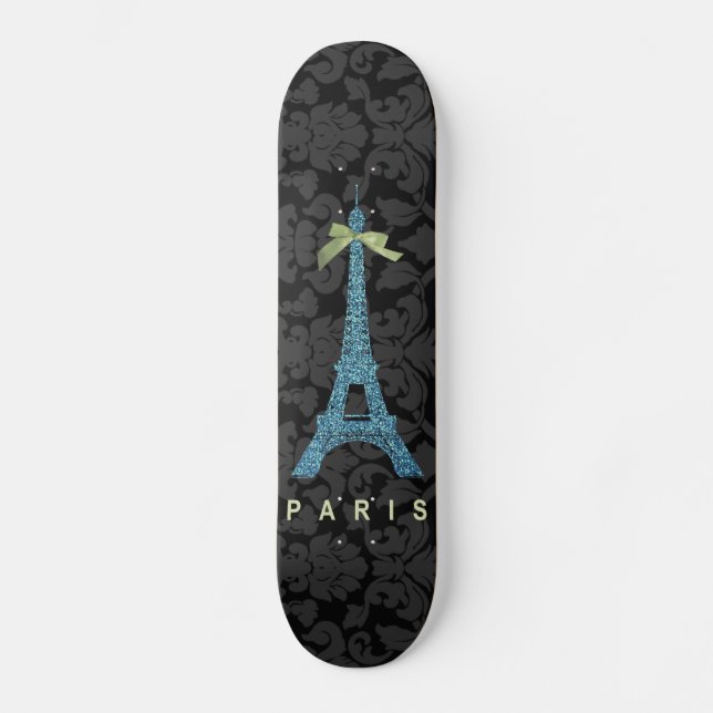 Blauer Eiffelturm in Imitate Glitzer Skateboard (Vorderseite)