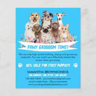 Blauer einfacher floral illustrierter Hund groomer Flyer