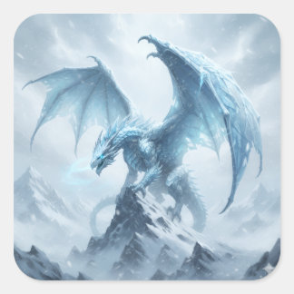 Blauer Eisdrache auf einem Berggipfel Quadratischer Aufkleber