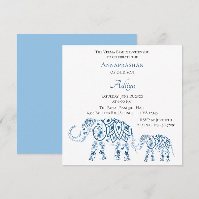 Blauer Elefant Annaprashan| Erster Reis Einladung (Vorne/Hinten)