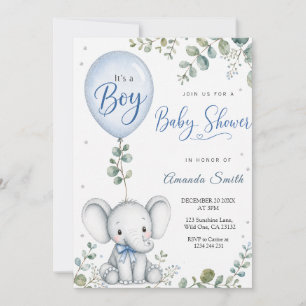 Blauer Elefant Aquarell Eukalyptus Baby Shower Einladung