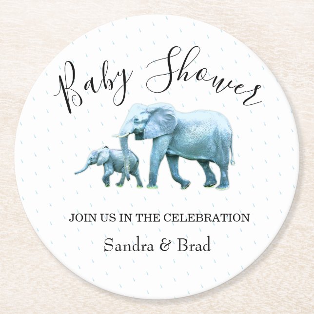 Blauer Elefant, Baby Boy Baby Dusche Runder Pappuntersetzer (Vorderseite)