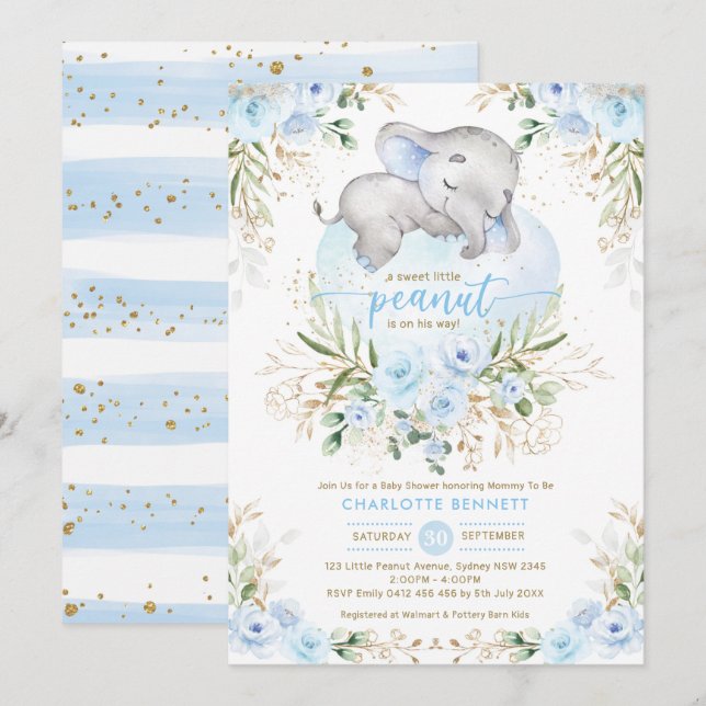 Blauer Elefant Baby Dusche Einladung (Vorne/Hinten)