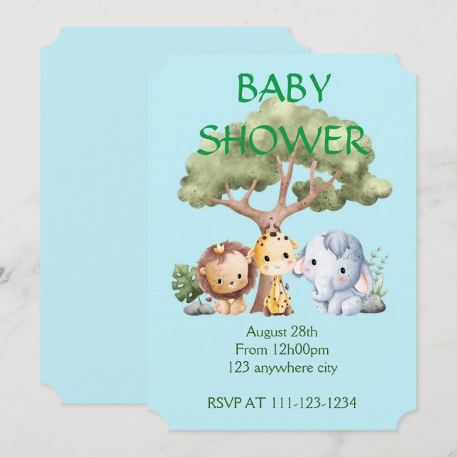 Blauer Elefant Giraffe Löwe Baby Shower  Save The Date (Vorne/Hinten)