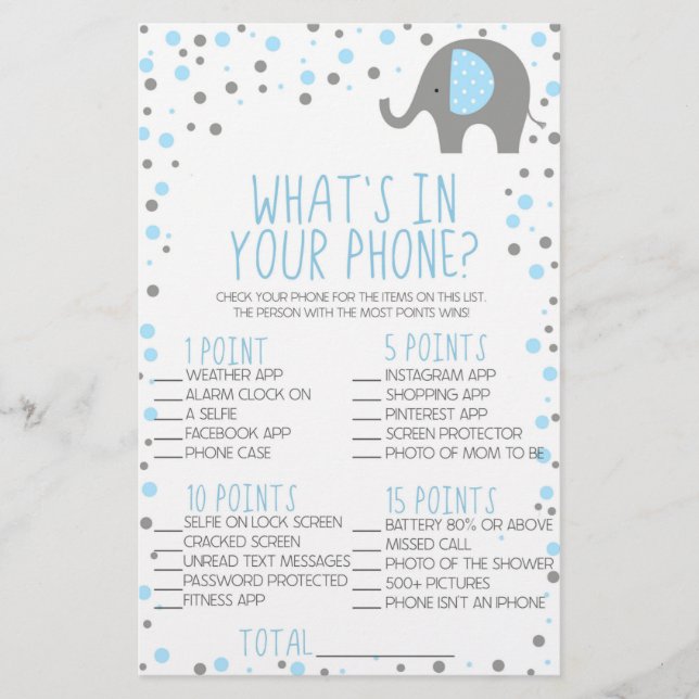 Blauer Elefant in Ihrem Telefon Baby Duschgame Briefpapier (Vorderseite)