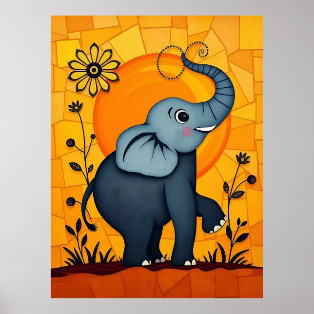 Blauer Elefant mit floralen Akzenten Poster (Vorne)