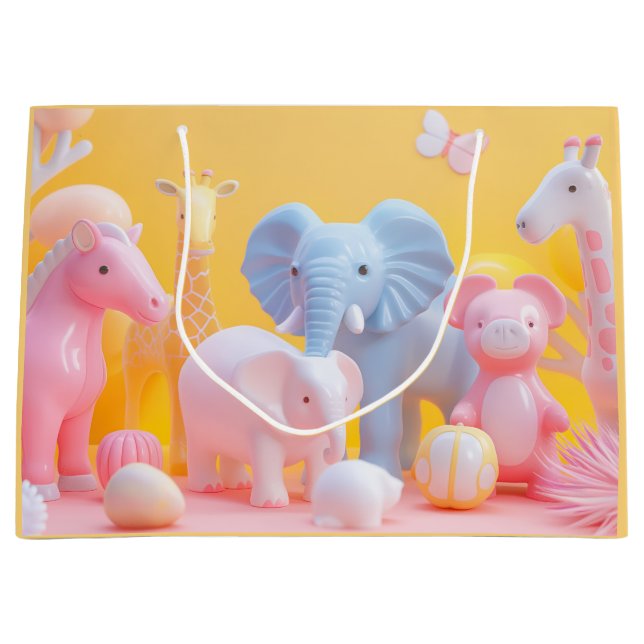 Blauer Elefant, rosa Pferd auf gelb Große Geschenktüte (Vorderseite)