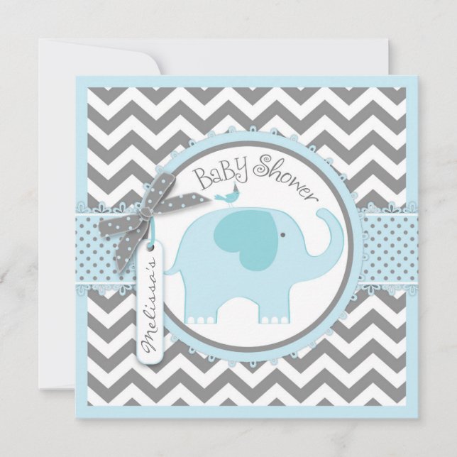 Blauer Elefant und Zickzack Print Baby Dusche Einladung (Vorderseite)