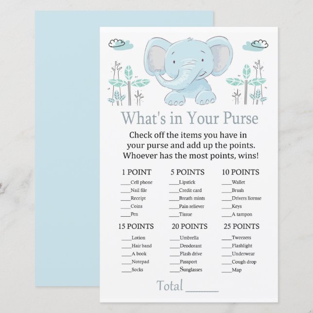 Blauer Elefant Was ist in deinem Handtaschenspiel? (Vorne/Hinten)