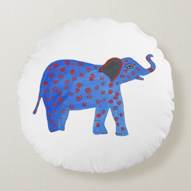 Blauer Elefant Zeichnend Rundkissen Rundes Kissen (Vorderseite)