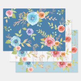 Blauer, eleganter Country mit floraler Aquarellfar Geschenkpapier Set