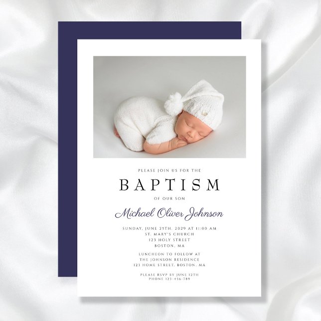 Blauer Eleganter Foto Boy Taufen Einladung (Navy Blue Elegant Photo Boy Baptism Invitation)