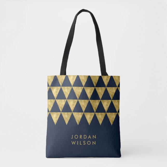 Blauer Eleganter Name Imitate Gold Dreieck Muster Tasche (Vorderseite)