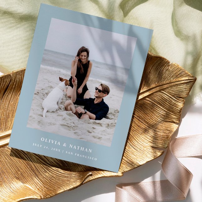 Blauer, eleganter Text und Foto | SAVE THE DATE Ankündigungspostkarte (Von Creator hochgeladen)