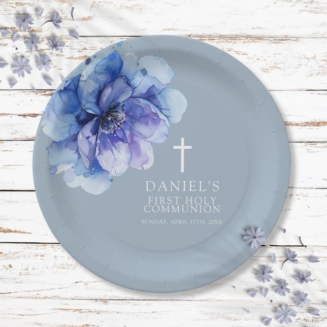 Blauer Eleganter Wasserfarben Bläserner Kommunion Pappteller (Blue Elegant Watercolor Floral Holy Communion Paper Plates)