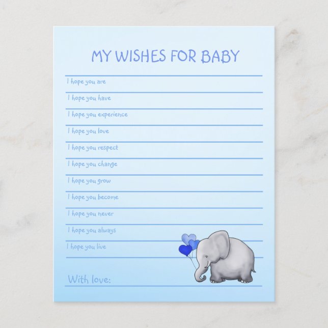Blauer Elephant Baby Boy Dusche Wünsche Vorlage (Vorderseite)