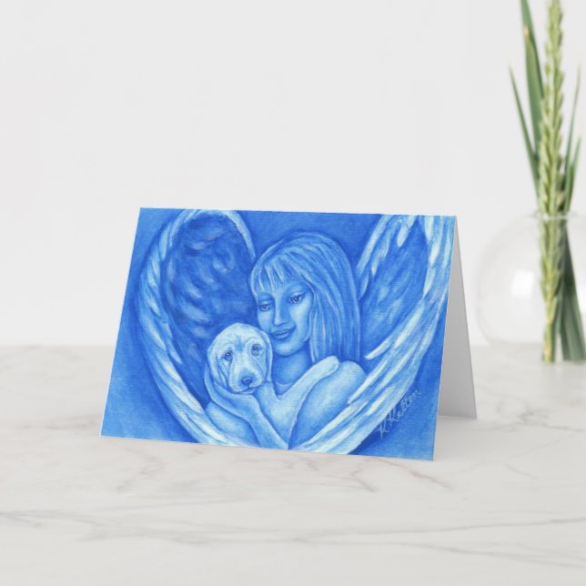 Blauer Engel mit Hündchen-Gruß-Karte Karte (Vorderseite)