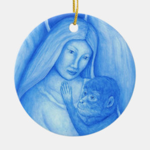 Blauer Engels-und Affe-Weihnachtsverzierung Keramik Ornament