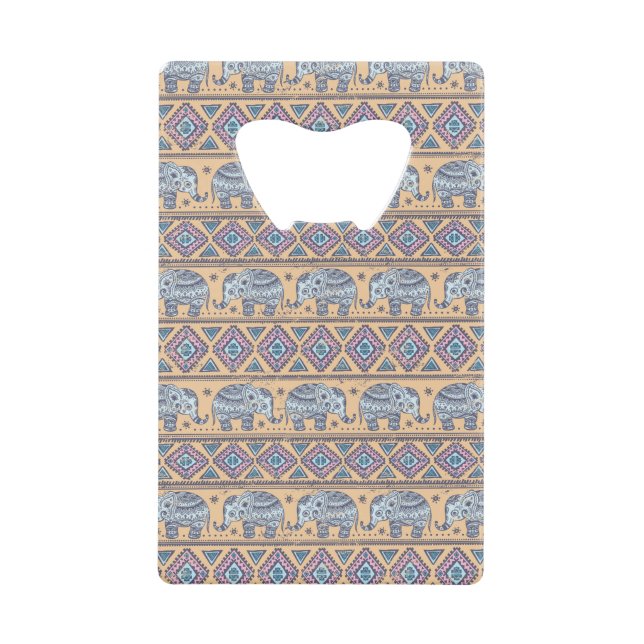 Blauer ethnischer Elefant-Stammes- Muster Kreditkarten Flaschenöffner (Vorderseite)