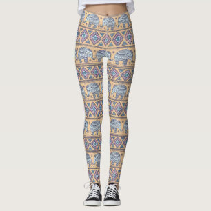 Blauer ethnischer Elefant-Stammes- Muster Leggings