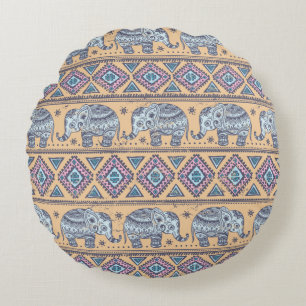 Blauer ethnischer Elefant-Stammes- Muster Rundes Kissen