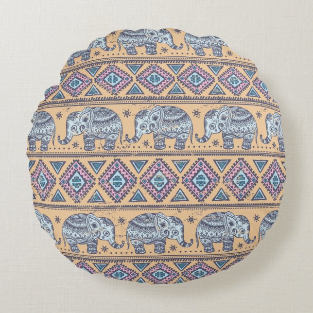 Blauer ethnischer Elefant-Stammes- Muster Rundes Kissen (Vorderseite)