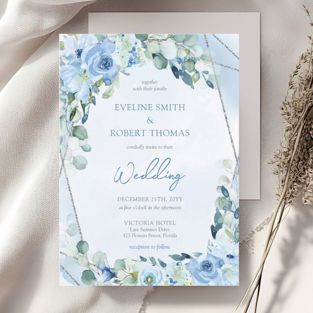 Blauer Eukalyptus und Silberhochzeit Einladung (Boho light blue flowers mixed fresh eucalyptus and silver glitter frame wedding invitation)