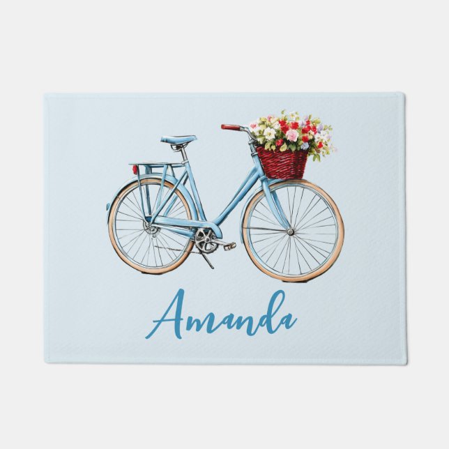 Blauer Fahrradfrühling Blumen auf blass blau Fußmatte (Vorderseite)