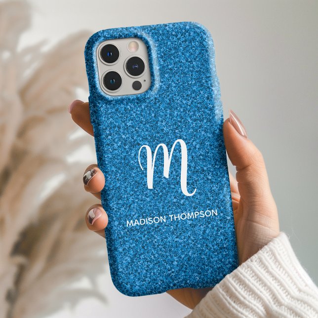 Blauer falscher Glitter personalisiertes Monogramm iPhone 16 Hülle (Von Creator hochgeladen)