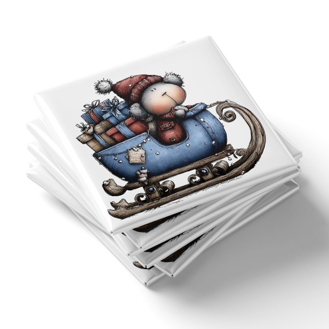 Blauer fantastischer Eisbär-Schlitten | Weihnachts Magnet (Blue Whimsical Polar Bear Sled Christmas Magnet by PiggyPrint Stickers.)