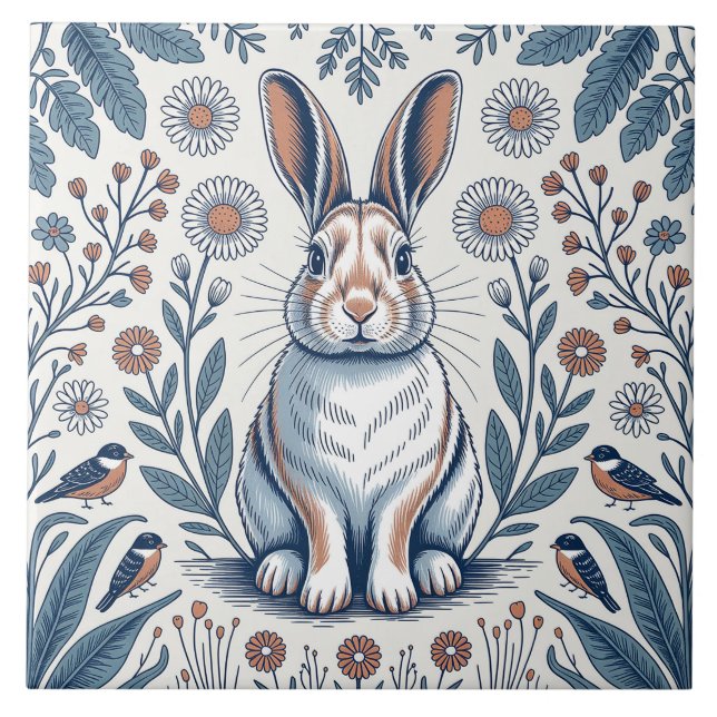 Blauer fantastischer Hase Blumen-Design Fliese (Vorderseite)