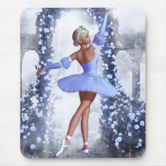 Blauer Fantasy Ballerina mit Rose Blume Mousepad (Vorne)