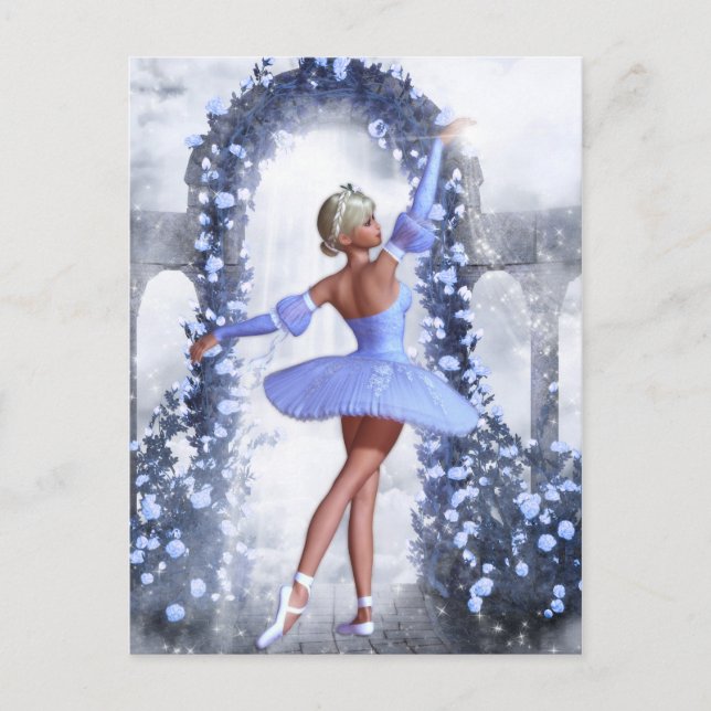 Blauer Fantasy Ballerina mit Rose Blume Postkarte (Vorderseite)