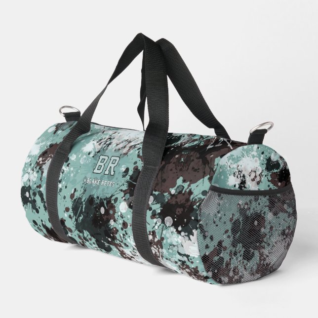 Blauer Farbspritzer-Monogramm-Turnbeutel Duffle Bag (Rechte Ecke)